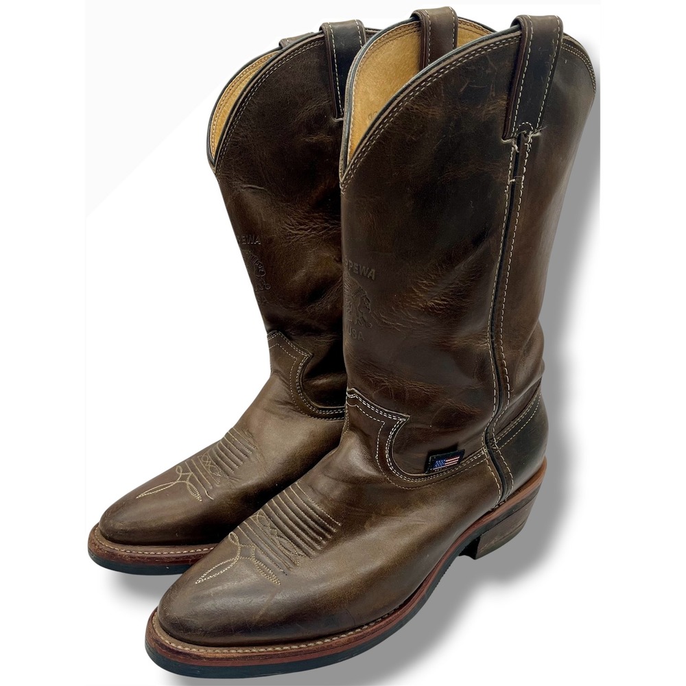 Chippewa USA Mens Brown Leather Western Cowboy Boots Distressed 10.5 EE GoreTex